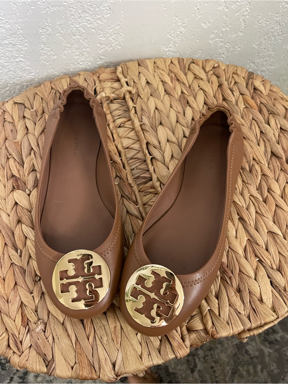 Tory Burch Tan Leather Logo Ballet Flats with Gold Medallion
